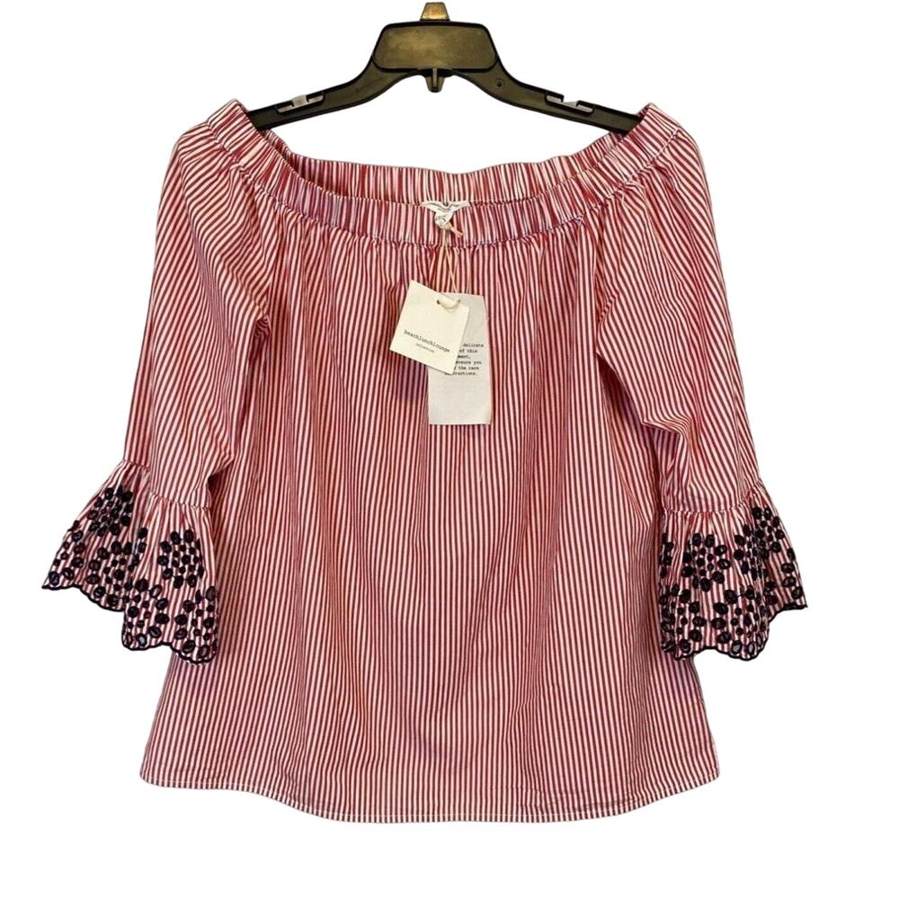 NWT Beachlunchlounge Floral Embroidered Top Women Sz L Red/White Striped